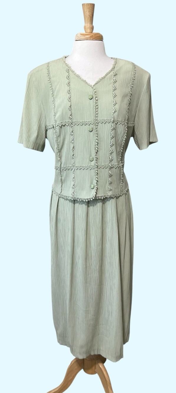 Lady Dorby Midi Dress Womens 18W Mint Green Cottage Modest Tie Back Plisse